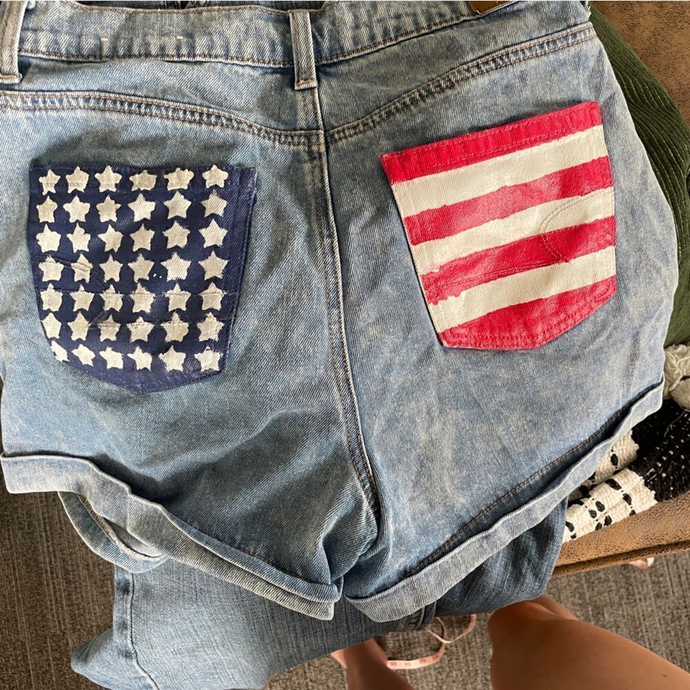 Hand Painted American Flag High Waist Denim Shorts 2 - Picture 8 of 12